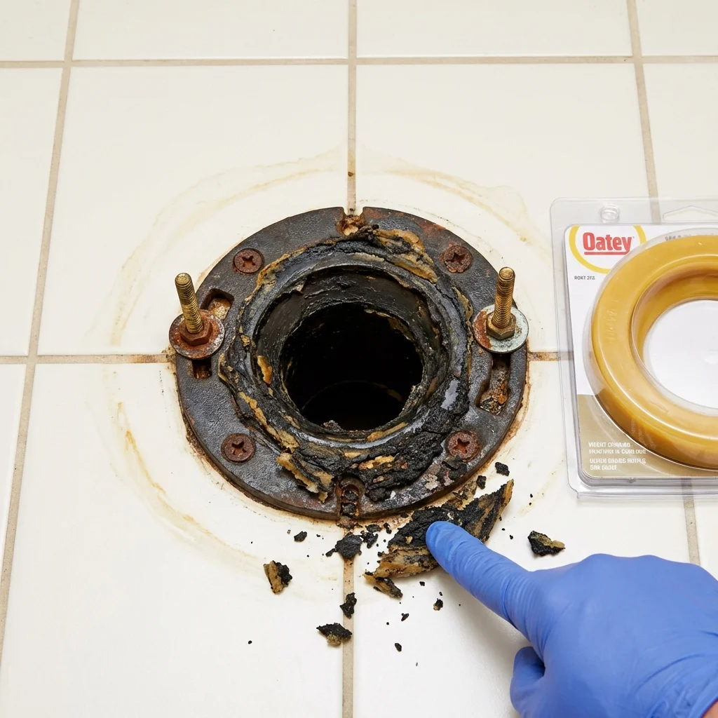 Failed wax ring showing water seepage at the base of a toilet in a Salisbury, MD home