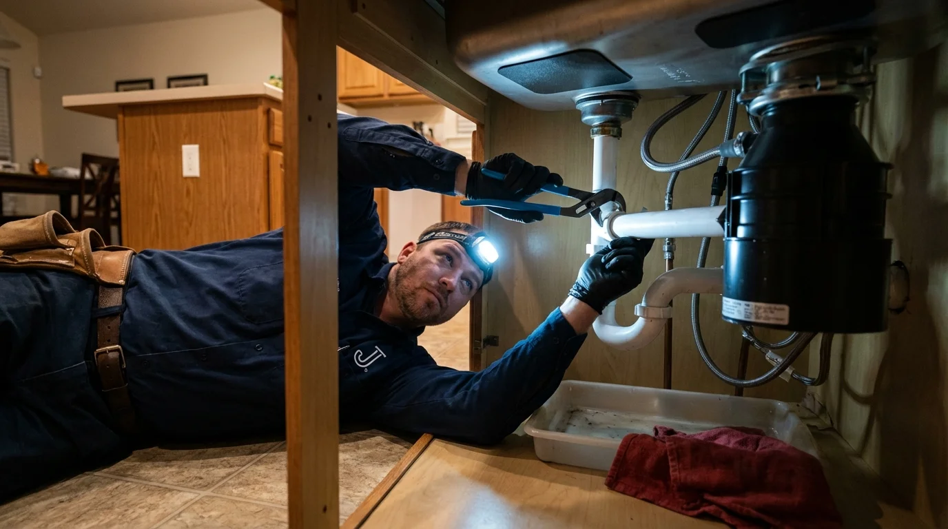 P-trap and supply line connections under a kitchen sink showing a common leak point in Salisbury, MD